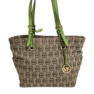 MICHAEL KORS JET SET Vintage Khaki Signature Canvas Pocket Tote w/Green Trim